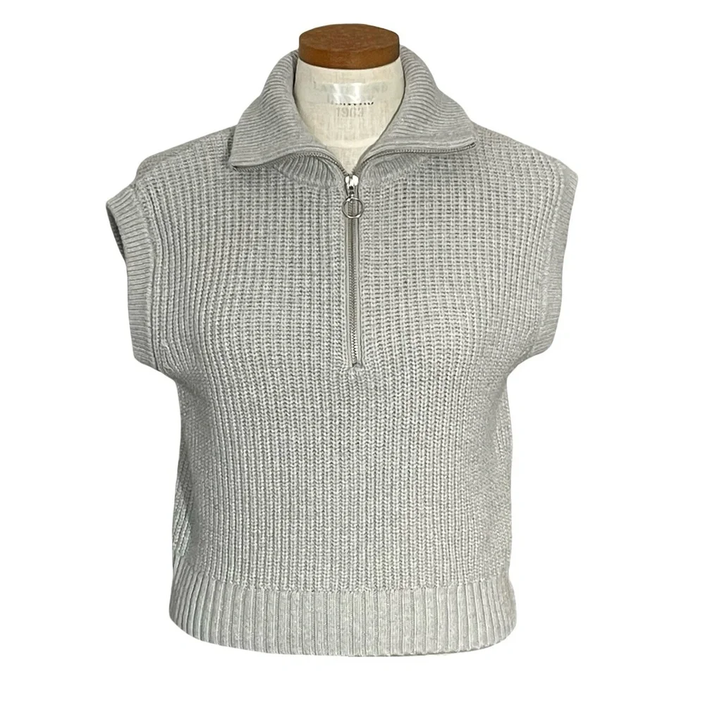 Rachel Zoe Gray Sleeveless 1/4 Zip Closure Ribbed Knit Sweater Vest SzM